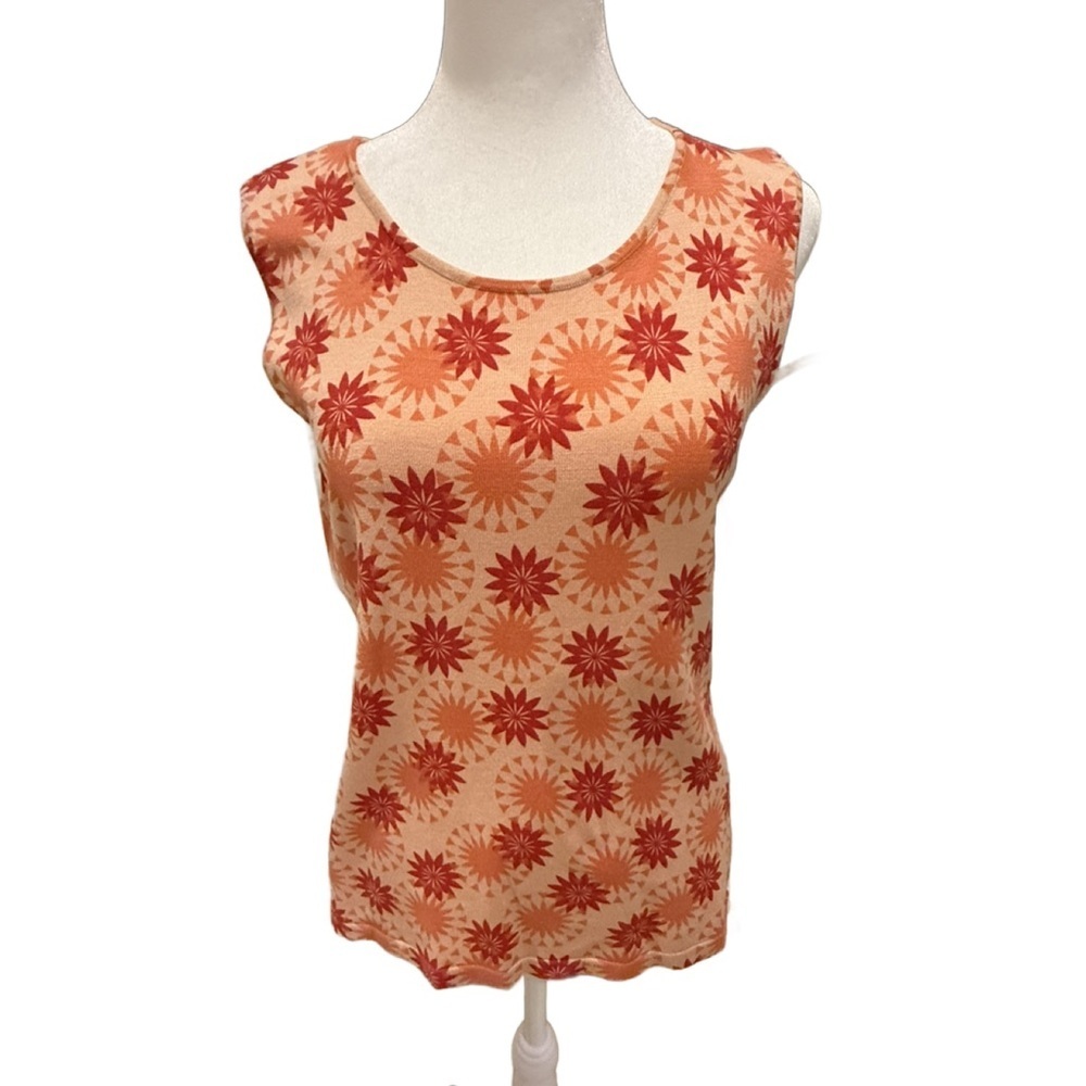 Judith Hart Floral sleeveless Silk & Nylon top in Orange and Red. Medium